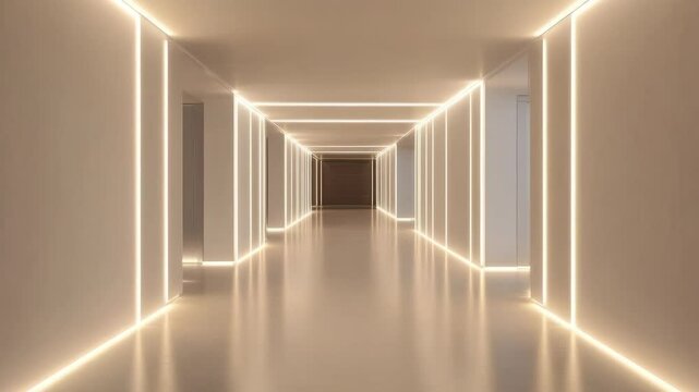 A long, square, empty corridor illuminated by glowing strips