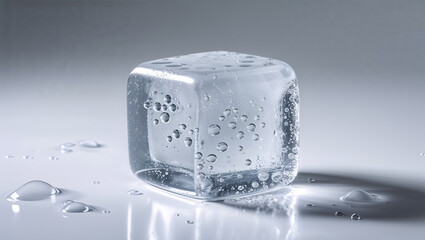 A single ice cube with air bubbles sitting on a reflective surface with water droplets around it