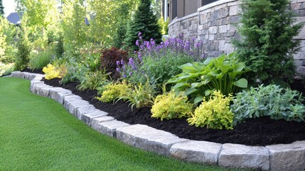 Naklejka premium Vibrant flower garden with stone border landscaping design