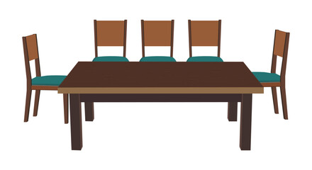 Illustration of a wooden dining table set with five chairs and teal cushions isolated on white background