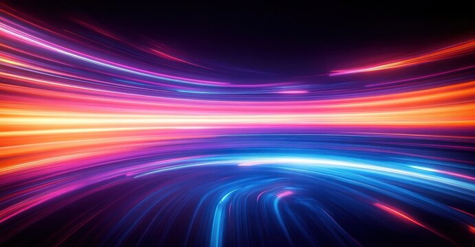 Abstract dynamic curved streaks of neon light in purple, pink, red, orange, and blue creating a futuristic glowing tunnel effect with motion and depth