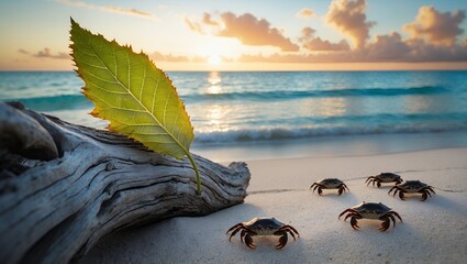 Crabs Walking on Sandy Beach with Leaf and Driftwood at Sunset