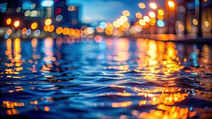 Obraz premium night, dark blue water surface, orange lights with strong bokeh effect