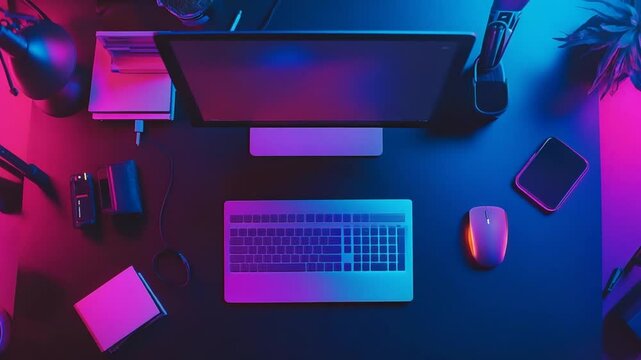 Neon Desk Setup:  A Gamer's Paradise
