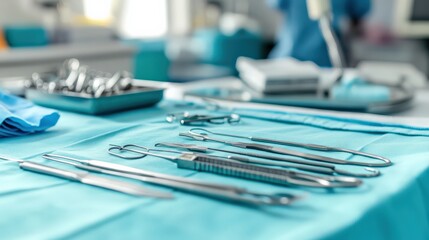 Close up of surgical instruments on a blue operating table with medical setup