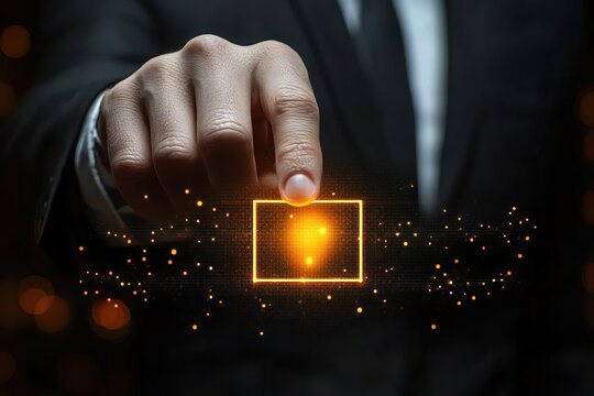 Close-up of a hand in a business suit pointing index finger to a glowing orange digital interface with a question mark inside a square, symbolizing inquiry or decision making