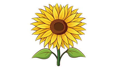 Obraz premium Cartoon Sunflower with Brown Center, Yellow Petals, Green Stem, and Leaves on White Background
