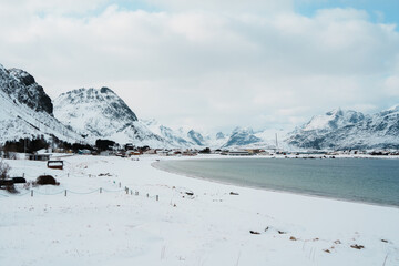 Snowy Ramberg Beach and Mountains in Lofoten