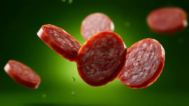Floating Slices of Cured Meat Against a Vibrant Green Background