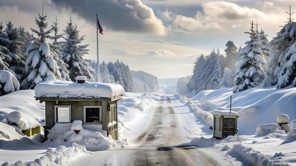 Snowy Road and Border Checkpoint