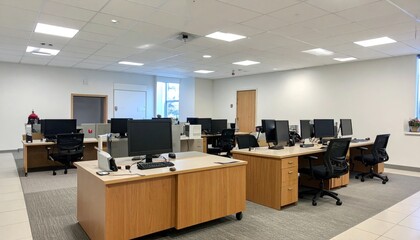 Empty Office Workspace Featuring Computer Desks and Chairs with Modern Design