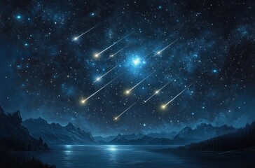 Night sky filled with bright shooting stars and a glowing blue star cluster over calm mountain lake surrounded by dark pine trees and rugged mountain silhouettes