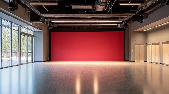Modern Dance Studio with Red Wall and Floor-to-Ceiling Windows