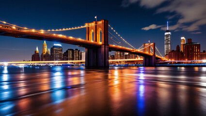 Obraz premium Brooklyn Bridge at Night – Colorful Illuminated Cityscape of New York City.