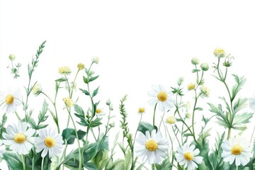 label design, blooming chamomile and mint leaves, Ukrainian folk motifs, clean white background, soft green accents, vector