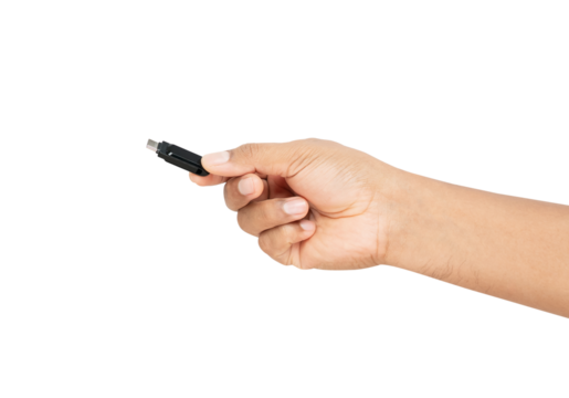 Hand holding usb stick on white background.