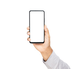 Hand holding the black smartphone with mockup of blank screen on isolated white background.