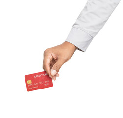 Businessman hand holding credit card on isolated white background.