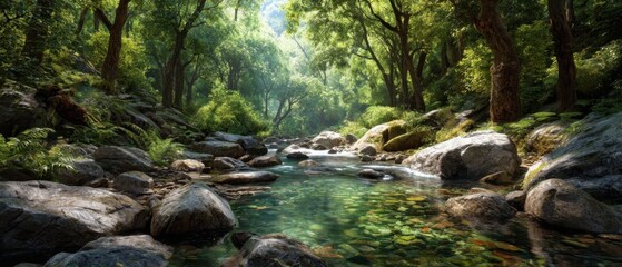 Tranquil forest stream with natural lighting over rocks creates a peaceful waterscape environment