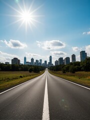 A city skyline in front of an open road.