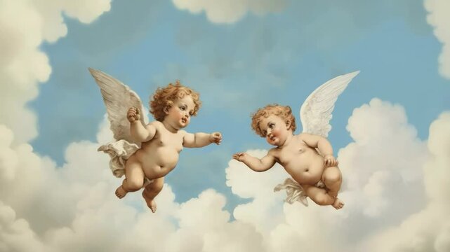 Two cherubs with wings float in a blue sky with clouds, captured from a low-angle view, reminiscent of a classical painting style, ideal for a video backdrop. Live desktop wallpaper.