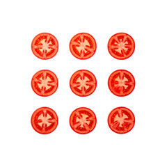 Nine slices of red ripe juicy tomatoes on black food on transparent background