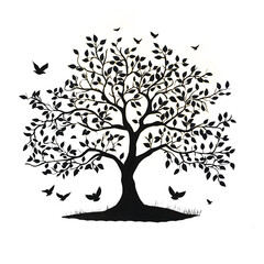 Stylized tree with leaves and birds high resolution picture