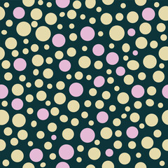 Seamless Polka Dot Pattern on deep green background. multicolor circles in random sizes, A design for Textiles, Wallpapers and Digital Art.