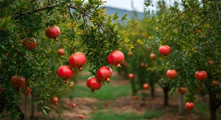 Abundant Pomegranate Trees in Vibrant Orchard Under Clear Skies