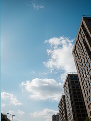 Fototapeta premium A clear sky with few clouds is above two buildings.