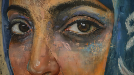 Close-up painting of woman's face wearing hijab.