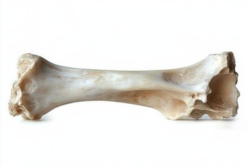 Fototapeta premium Close-up of a large animal bone isolated on a white background showing detailed texture and natural worn edges