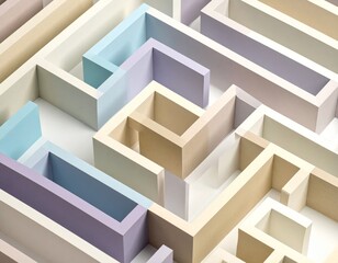 Abstract 3D Maze with Pink, Beige, Blue and Grey Textured Walls