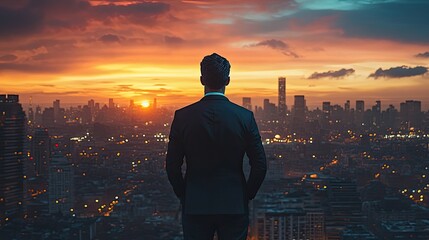 Fototapeta premium Businessman contemplates cityscape at sunrise.