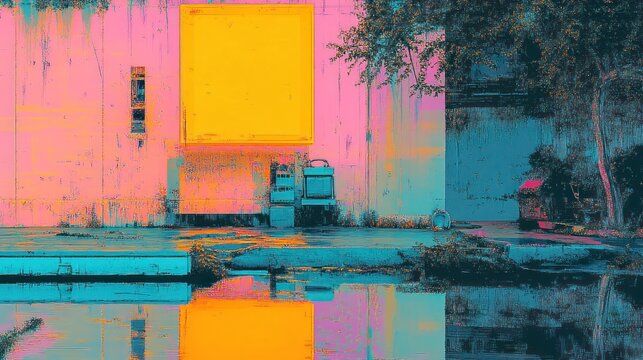 Abstract building reflection vibrant pink teal and yellow geometric composition