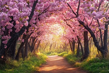 Fototapeta premium Sunlit pathway through a tunnel of blooming pink cherry blossom trees creating a serene and enchanting springtime atmosphere
