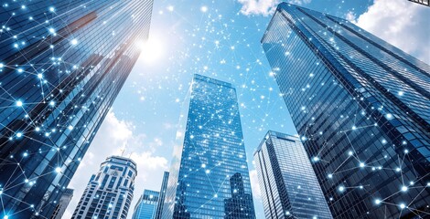Tall glass skyscrapers with digital network overlay, bright daylight background, concept of smart city connectivity and futuristic communication. Ai generative