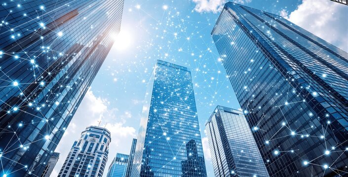 Tall glass skyscrapers with digital network overlay, bright daylight background, concept of smart city connectivity and futuristic communication. Ai generative - Powered by Adobe