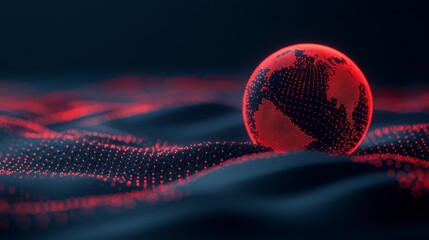 A glowing red digital globe floats above a wave of illuminated red data points on a dark background.