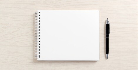 Blank spiral notebook and pen placed on light wooden table background, minimalistic bright style, concept of planning or writing. Ai generative