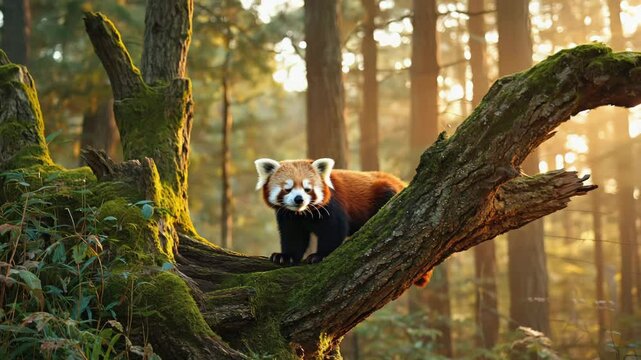 Red panda walking on tree trunk in forest light with bright look. 