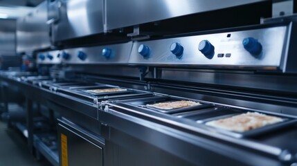 Fototapeta premium Industrial kitchen conveyor system preparing multiple trays of food in a bustling restaurant environment