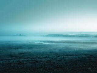 Fototapeta premium Serene Misty Landscape at Dawn with Soft Blue Tones and Gentle Fog Embracing the Ground and Hills in the Background