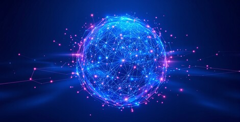 Fototapeta premium Glowing sphere of digital connections with light nodes and lines, futuristic graphic style, on a bright blue background, concept of global data and networks, Ai generative