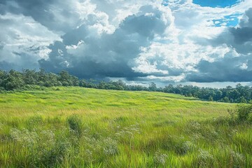 Obraz premium Expansive green field under a dramatic cloudy sky with sunlight breaking through, bordered by a distant line of trees, evoking a peaceful and natural atmosphere