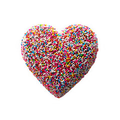 Heart shaped candy covered with colorful sprinkles isolated on a black background