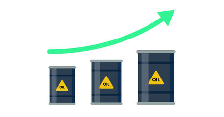 Illustration of three oil barrels increasing in size with a green arrow pointing up, symbolizing rising oil prices or increased oil production.