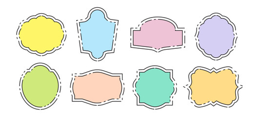 Vintage decorative label and badge shape set, colors ornaments, borders banners, panel design elements Vector illustration collections