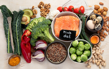 Food products representing the MIND diet, brain health.