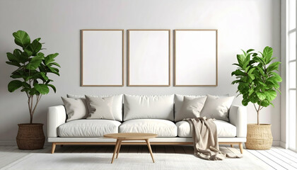 Naklejka premium Modern Minimalist Living Room Interior Design with Neutral Tones and Plants